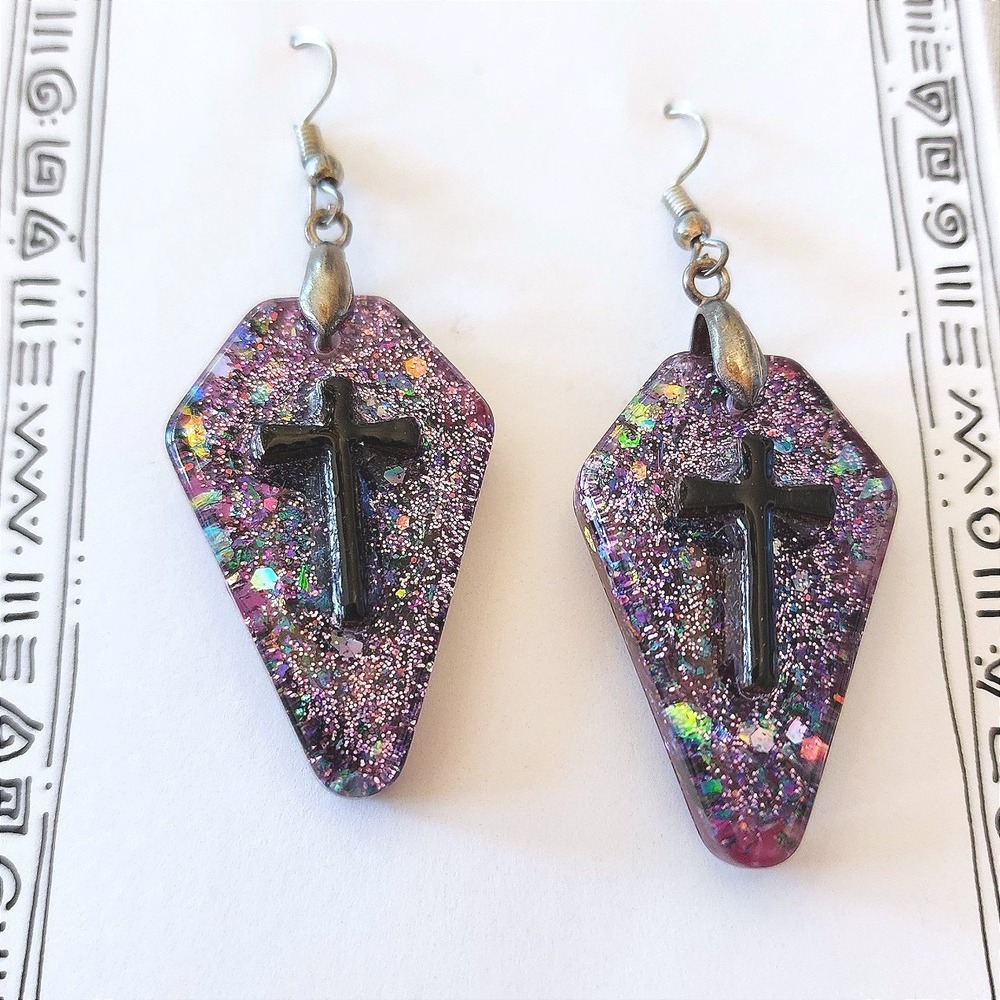 Handmade Coffin Earrings Purple Gothic Cross Resin Dangle